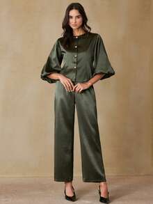 Aveloria EMERY ROSE Elegante completo da donna composto da blusa in raso lucido con maniche a palloncino e bottoni in metallo, abbinata a pantaloni a gamba dritta, adatto per l'ufficio e lo stile di vita metropolitano - Verde militare - Visualizzare 5