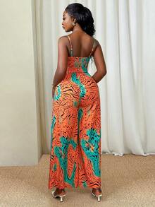 Xyvia 女士多色豹纹数码印花吊带腰部褶皱宽松阔腿连体裤，优雅精致，适合狂欢节、劳动节、复活节、旅行、街头风等场合，春夏新款时尚必备单品，独特设计，百搭吊带褶皱女士连体裤 - 彩色 - 查看 2