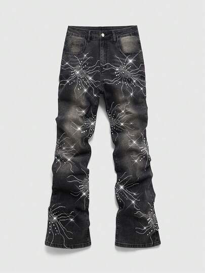 ROMWE MEN Men's Rhinestone Embellished Denim Jeans, Suitable For Everyday Wear, Spring/Summer