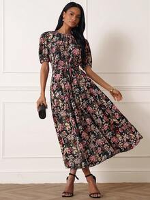 Lilora Chic Women's Boho Midi Dress With Random Print Tie Neck And Half Puff Sleeves In Black Floral Woven Fabric Garden Party Summer - Multicolor - View 6