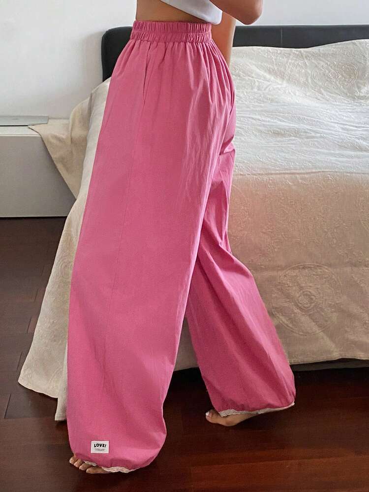 Contrast Color Letter Woven Label Decor Loose Lantern Pants Women Sleepwear Bottom