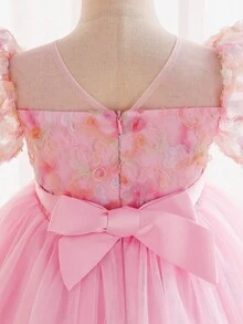 Glamorique Kids 女童花朵花童礼服，3D花瓣袖粉色薄纱公主裙，优雅适合派对、婚礼、庆典 - 粉色 - 查看 3