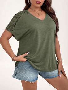 SHEIN LUNE Plus Size Solid Color V-Neck Lace Raglan Sleeve Loose Casual T-Shirt - Olive Green - View 4