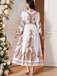 SHEIN Maternity Clothes White Elegant Pregnant Women Dress Autumn Paisley Print Tie-Wrap Long Sleeve Luxury Party Church Modest Boho Maternity Dress - White - View 2