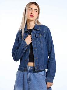 COUREZ Oversized Denim Jacket For Women,Navy Blue Autumn Casual Everyday Mid Blue Wash Y2K Spring Streetwear Street Party Rave Summer Jackets - Blue - View 1