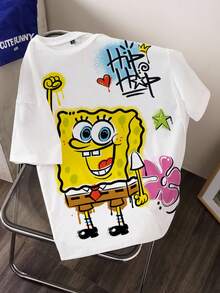 SpongeBob SquarePants | SHEIN 大码女式圆领卡通字母印花休闲百搭日常短袖T恤 - 白色 - 查看 1