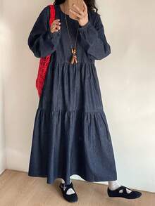 FRIFUL 女士休闲褶皱灯笼袖牛仔连衣裙，秋季 - 藍色 - 查看 9