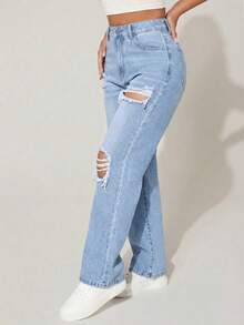 SHEIN PETITE 女士纯色极简破洞牛仔裤，休闲日常穿着 - 淺色水洗藍 - 查看 4