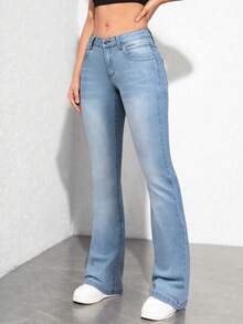 SHEIN Unity Quần jeans cạp thấp màu xanh nhạt, kiểu dáng thường ngày, đa năng, thích hợp mặc hàng ngày. - Rửa nhẹ - Xem 4