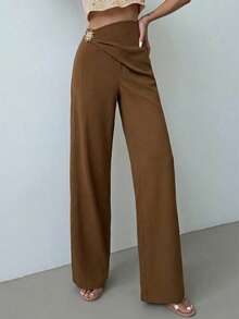 Firerie Pantalones rectos sueltos de verano con decoración metálica en la cintura asimétrica, de cintura media, de color beige sólido, elegantes y versátiles para uso diario, de estilo urbano y casual - Café integral - Ver 7