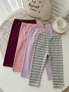 SHEIN Playful Pals Bộ 4 quần legging kẻ sọc và màu trơn cho bé gái, thích hợp mặc mùa xuân/thu. - Nhiều màu - Xem 2
