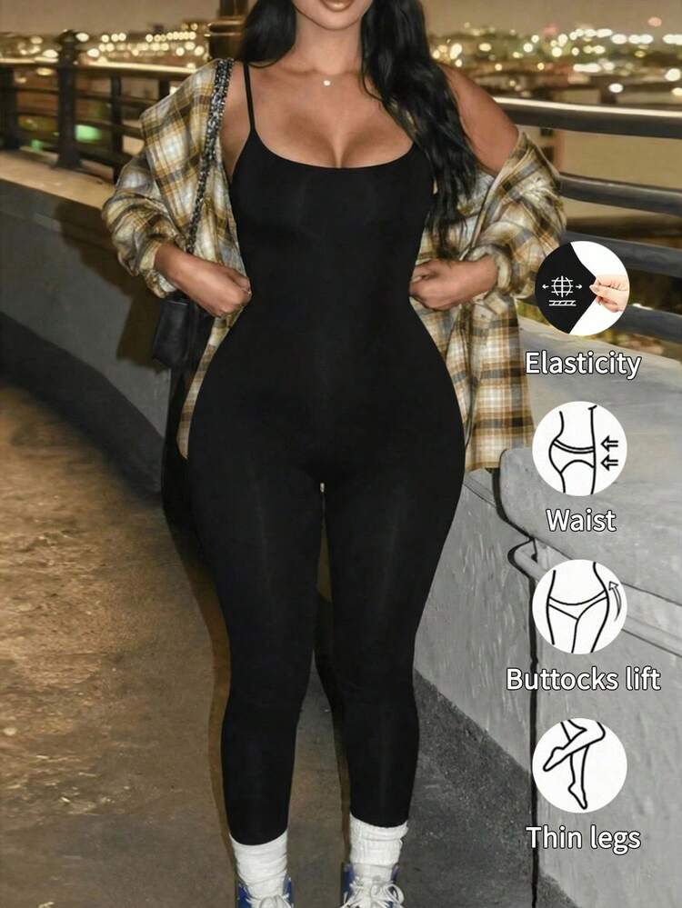 SHEIN PETITE 女士优雅性感黑色吊带无袖修身连体裤，春夏款 - 黑色 - 查看 3