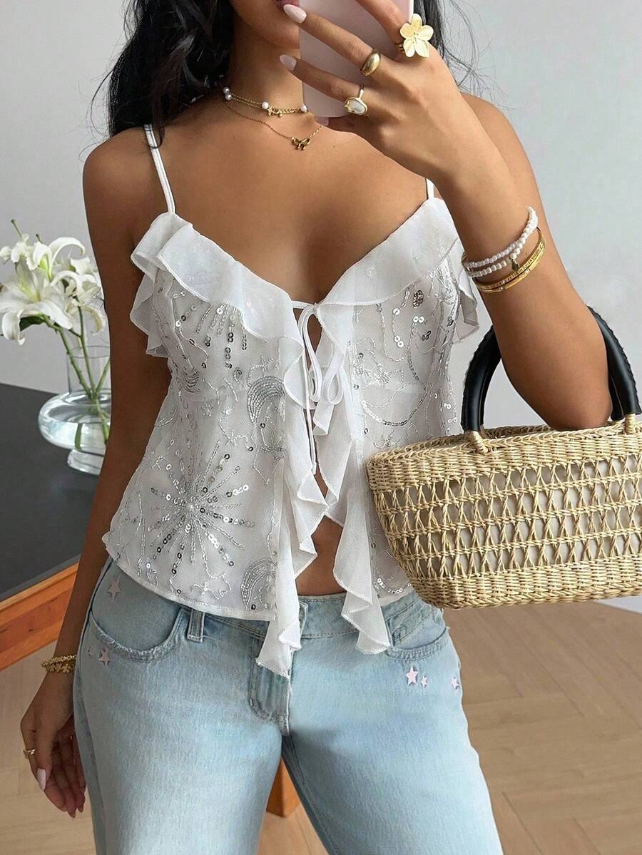 Serisse Women's Sequin Patchwork Ruffle Trim Front Tie Camisole Top - White - View 1