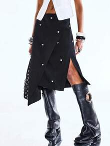 LYSMO 2025新款夏季女士垂褶不对称半身裙 - 黑色 - 查看 4