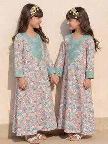 SHEIN Tween Girl Loose Casual Extra Long Ditsy Floral V-Neck, Resort, Tween Girl - Multicolor - View 4