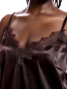 SHEIN EZwear 大码复古撞色蕾丝缎面吊带背心 - 棕色 - 查看 5