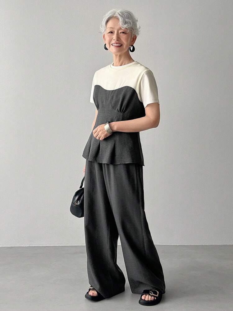 FRIFUL Bộ đồ nữ hai mảnh tay ngắn, phối màu tương phản, có dây rút ở eo, kiểu dáng rộng rãi, thoải mái, thích hợp mặc nhà mùa xuân/hè. - Xám - Xem 7