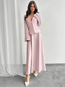 Firerie Conjunto de blazer de manga larga de unicolor y falda evasé elegante de diseño minimalista - Rosa vieja - Ver 6