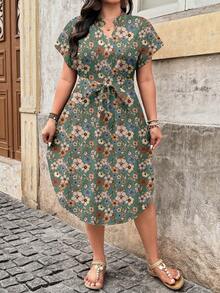 EMERY ROSE Plus Size Women V-Neck Floral Print Knotted Waist Casual Dress, Suitable For Summer - Multicolor - View 4