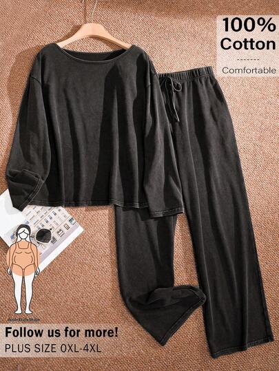 CosyJoli Plus Size Solid Color Long Sleeve Top And Pants 2 Pieces Set