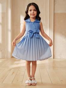 SHEIN A-Line Pleated Ombre Collar Young Girls Dress - Blue - View 3