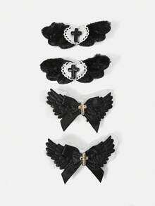 ROMWE Kawaii 10 Random Cute Handmade Wings Cat Claw Bow Bone Element Hairpin, Black And White Plush Rhinestone Hairpin Combination, Lolita Multi-Piece Hair Accessories Combination. - black and white powder - View 2