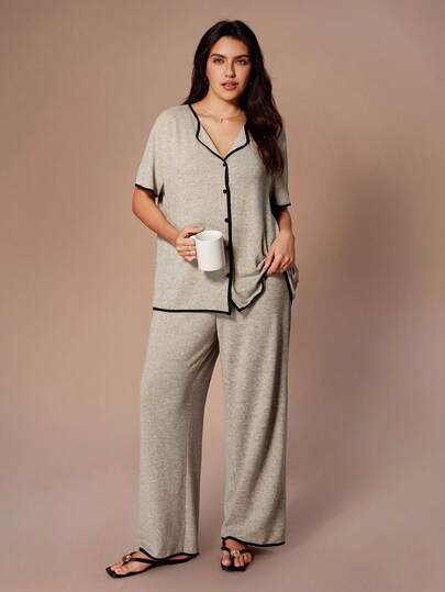 SHEIN 女士撞色滚边短袖开衫长裤睡衣套装，加大码，夏季