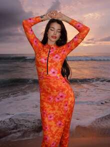 Swim Shayni 女士印花长袖拉链连体泳衣套装，含罩衫和裙子，度假款 - 橘色 - 查看 5