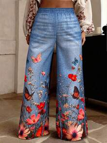 Maweii Plus Size Boho Blue Floral Butterfly Imprinted Long Wide Leg Woven Fabric Pants - Blue - View 4