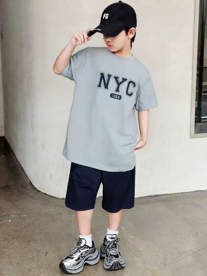 2件套青少年男童休闲宽松舒适品牌logo装饰短袖上衣和短裤套装，春夏款