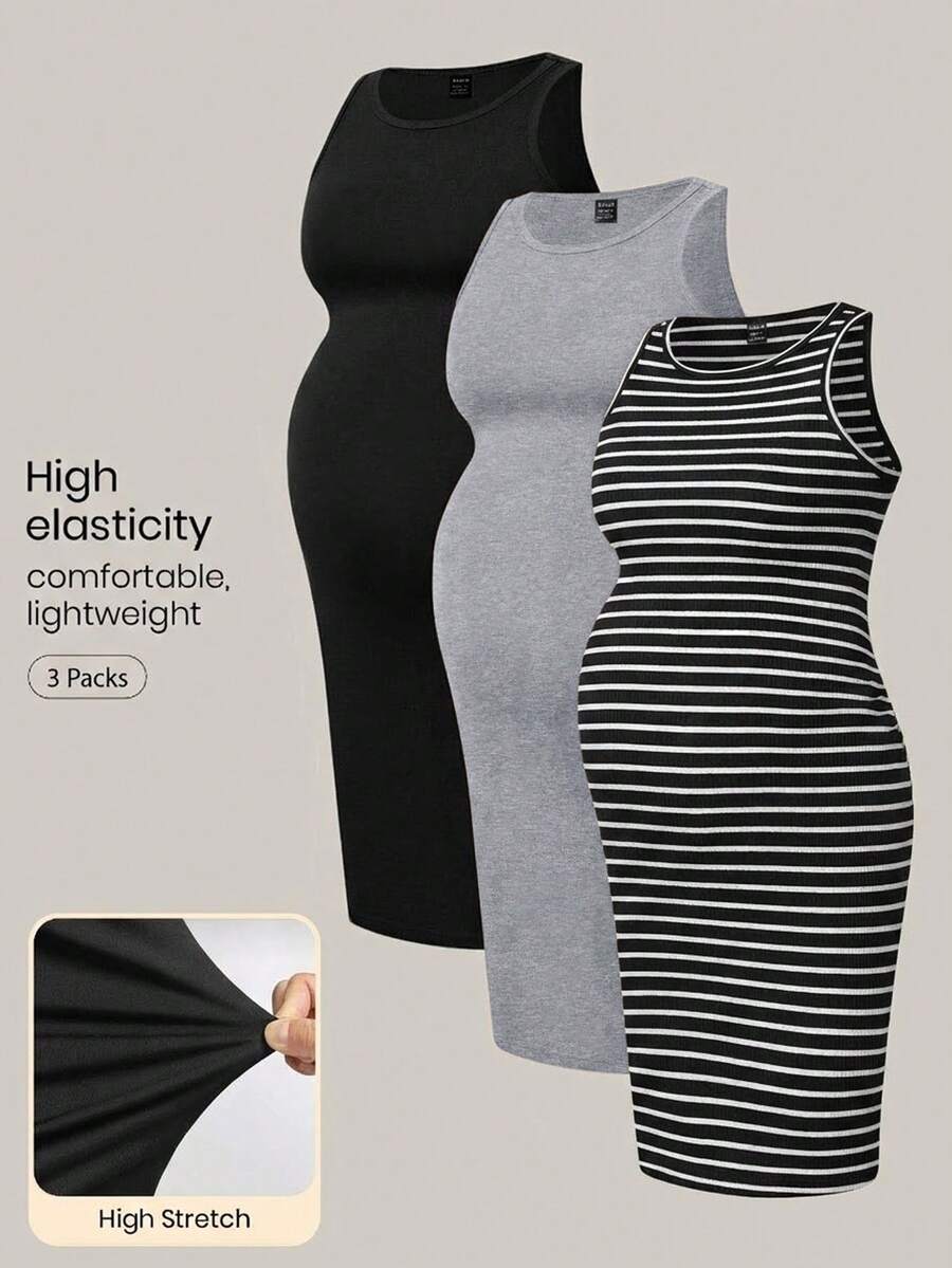 Modmama Maternity Solid Color + Striped Print Fitted Sleeveless Dress - Black - View 1