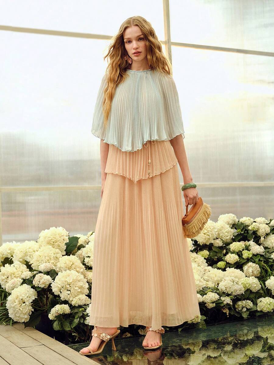 MOTF PREMIUM VESTIDO LARGO ROMÁNTICO DE CUELLO REDONDO PLISADO CON CONTRASTE DE COLOR PARA MUJER, PRIMAVERA/VERANO - verde menta - Ver 1