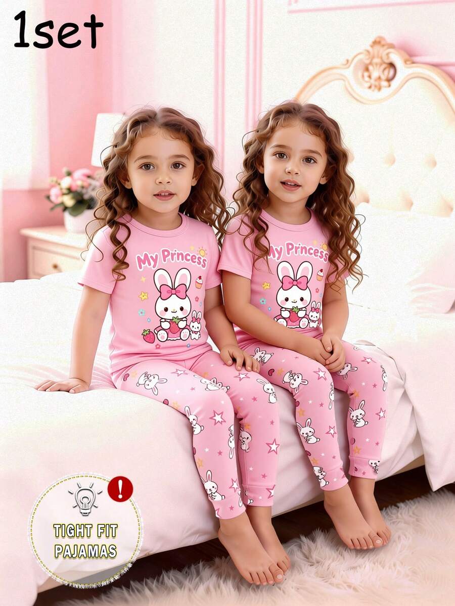 1 Set Baby Girls Cute Rabbit Print Top And Full Print Pants Knit Snug Fit Pajamas, Spring/Summer - Pink - View 1