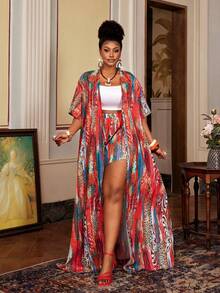 Maweii Plus Size Women's Abstract Floral Print Red And White Chiffon Blouse,Elastic Waist Shorts,Summer Boho Party Holiday Beach Vacation Spring Outing Set - Multicolor - View 2