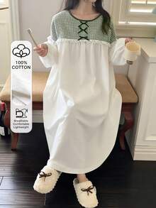 DAZY Plaid Patchwork Bow Lace Trim White Long Nightgown, Spring & Summer Women Sleepwear - White - View 1
