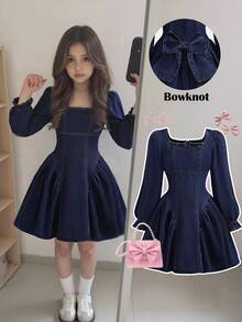 SHEIN Bộ áo liền quần denim màu xanh đậm dành cho bé gái, trang trí nơ 3D. - Rửa tối - Xem 1