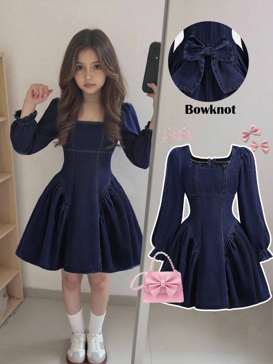 SHEIN Bộ áo liền quần denim màu xanh đậm dành cho bé gái, trang trí nơ 3D. - Rửa tối - Xem 1