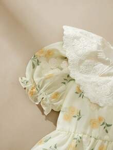 SHEIN Glamorique Kids 1件女童花卉刺绣领提花面料腰部松紧带休闲可爱公主裙，夏季 - 黃色 - 查看 5