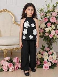 SHEIN Elladie kids Set di top a canotta con decorazione floreale e pantaloni a gamba ampia, casual estivo per ragazze - nero - Visualizzare 2