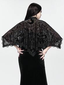 ROMWE Goth 女士复古龙纹植绒立领金属纽扣不对称下摆披肩上衣 - 黑色 - 查看 2