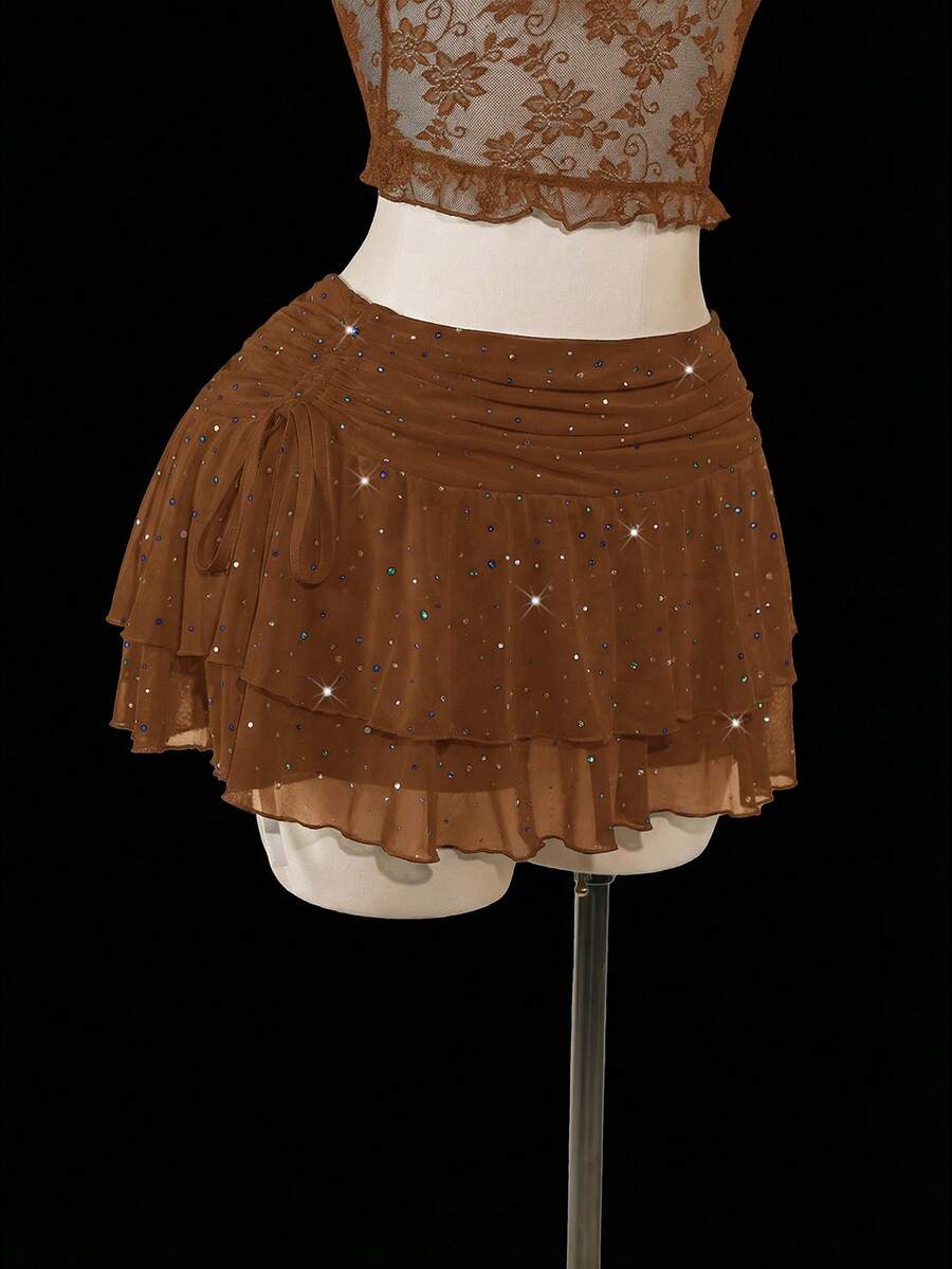 SHEIN ICON Plus Size Ruched Tie-Up High Slit Layered Glitter Mesh Mini Skirt - Brown - View 1