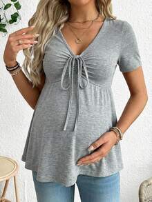 SHEIN Kaos Lengan Pendek Kasual Serbaguna untuk Wanita Hamil dengan Desain Lipatan dan Kerutan, Cocok untuk Sehari-hari di Musim Gugur. - Grey - View 6