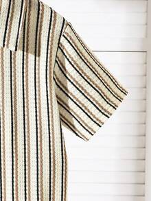 Mirajuku Camisa de cuello con textura de gofre y rayas para niño preadolescente, tela cómoda adecuada para uso diario, ir y venir, salidas casuales, viajes y vacaciones. Se puede combinar con pantalones cortos para un look sencillo, limpio y de moda. - Albaricoque - Ver 8