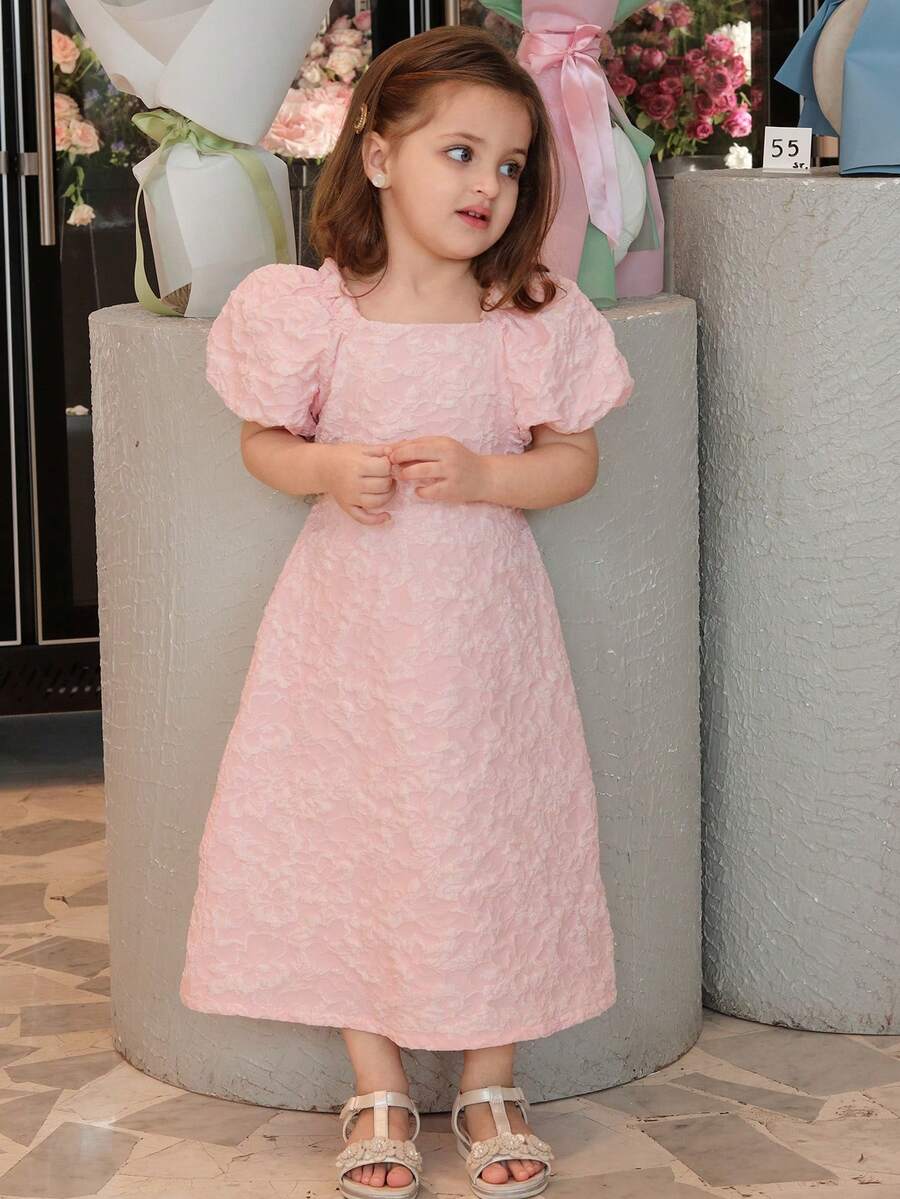 Dazy Kids Young Girl Jacquard Square Collar Petal Sleeve Dress Summer - Pink - View 1