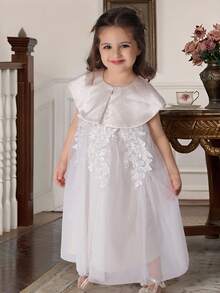 Dazy Kids Vestido elegante de unicolor con parches de malla bordada para niña, ideal para vacaciones de verano - Blanco - Ver 3