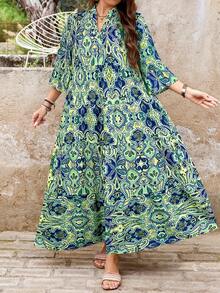 SHEIN CURVE+ Curve 尺码 US22 音乐节、海滨度假、波西米亚风多色随机印花长荷叶边袖中长连衣裙，荷叶边下摆和立领，XL 女式连衣裙，波西米亚风服装，曲线款 - 彩色 - 查看 5