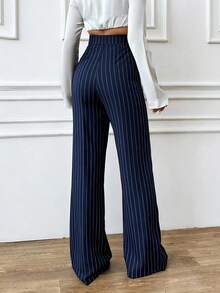 Ritzy Row 女士时尚直筒条纹格子裤，简约休闲通勤必备裤装，藏蓝色条纹长裤，金属装饰腰带直筒版型，户外服装 - 藏蓝色 - 查看 4