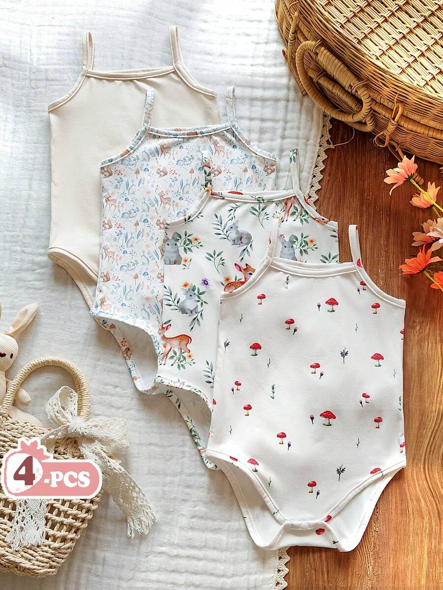 Vintaside Kids 4件套女婴印花+纯色休闲连体衣套装