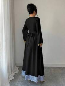 Women's Elegant Geometric Pattern Sequin Splice Flare Sleeve Waist Cinched Arabian Style Dress, Suitable For Spring And Autumn - Black - View 4