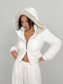 Flirla Women's Casual Fashion Hooded Contrast Color Fur Trim Zip-Up Padded Coat, Suitable For Autumn/Winter - White - View 8